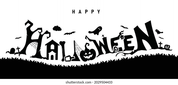 Happy Halloween Banner Letters decorated in black with halloween pumpkin icon Spider webs and bats vector illustration