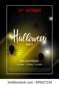 Happy Halloween banner with light effect. Party invitation. Abstract background with spiders. Vector illustration.