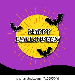 happy halloween banner with light rays, vector greeting card, paper art style