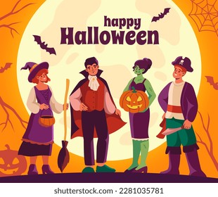 Happy Halloween banner. Men and women in suits. Pirate, witch, vampire and zombie with pumpkin next to bats. Traditional and international feast of fear and horror. Cartoon flat vector illustration