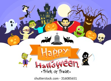 Happy Halloween Banner Monsters Flyer Collection Copy Space Poster Flat Vector Illustration