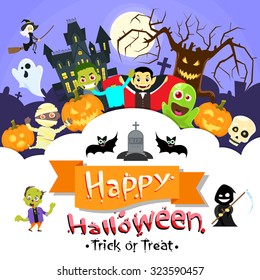 Happy Halloween Banner Monsters Flyer Collection Copy Space Poster Flat Vector Illustration