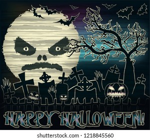 Happy Halloween banner with moon and cemetery , vector illustration