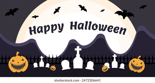 Happy Halloween banner with moon, cemetery, flying bats around and carved pumpkins. Web banner, celebration event greeting and invitation. Vector illustration.