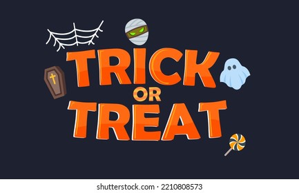 Happy Halloween banner or with mummy, Ghost, Coffin, Candy decorations in vector style. Vector illustration. Spider webs and bats flying. Place for text