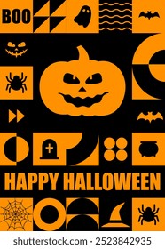 Happy Halloween banner. Neo geometric pattern. Modern abstract background with orange simple shapes, pumpkins and ghosts. Vector illustration in bauhaus minimalist style.