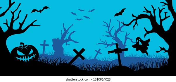 Happy Halloween banner. Halloween night background with pumpkin and trees on cemetery. Bats in the sky. Vector illustration.