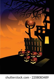 Happy Halloween banner or night castle background and pumpkins in vector illustration style.