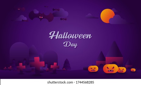 Happy Halloween banner, Night clouds and pumpkins in paper cut style, Full moon in the sky, Flying bats, Party invitation background, Vector illustration.