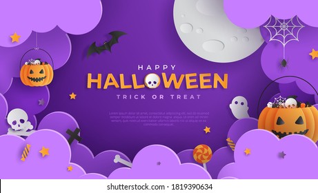 Happy Halloween banner or with night clouds and pumpkins filled with Halloween decorations in paper cut style. Vector illustration. Full moon in the sky, spider webs and bats flying. Place for text