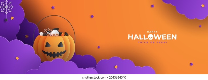 Happy Halloween banner or with night clouds and pumpkins filled with Halloween decorations in paper cut style. Vector illustration. Spider webs and bats flying. Place for text