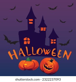 Happy Halloween banner with night pumpkins castle and bat in paper Vector illustration.
