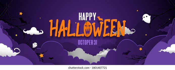 Happy Halloween Banner. Night Sky Spooky Background With Bats And Ghosts. Paper Art Design. Vector Illustration