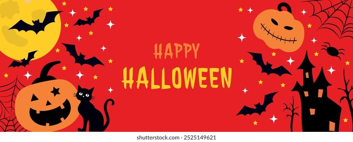 Feliz Anuncio de Halloween para octubre, fondo rojo con calabazas espeluznantes, arañas, castillo y luna. Truco o trato. Vector.