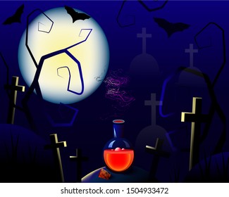 Happy Halloween Banner with  old trees without leaves  in the cemetery . Moonlight illuminates an open bottle with a red potion and graves with crosses. The bats in the night sky. Vector illustration.