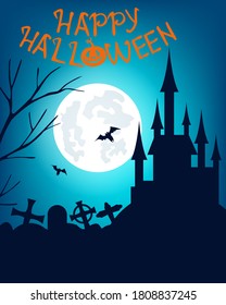 Happy halloween banner. Ominous pumpkin against the backdrop of the palace and the moon. Grave crosses and bats. Vector illustration