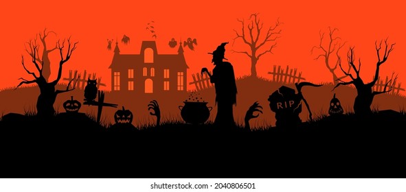 Happy Halloween banner on orange background. Halloween concept for greeting cards. Composition of silhouettes. Vector illustration.