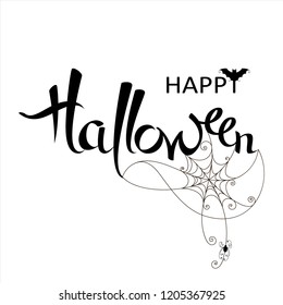 Happy Halloween banner on a white background. Vector lettering with web and spider.  Poster, greeting card, party invitation