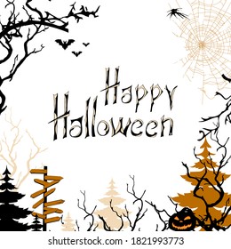 Happy halloween banner on white background. Scary forest with black trees and bats. Frame for text, congratulations and invitations.