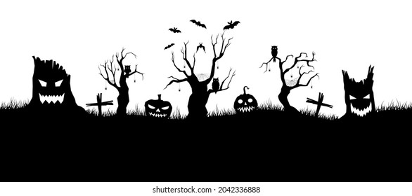 Happy Halloween banner on white background. Halloween concept for greeting cards. Composition of silhouettes. Vector illustration.
