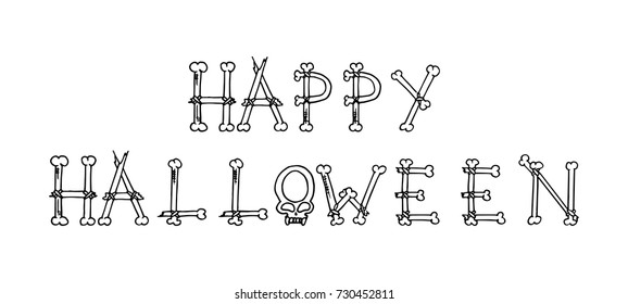 Happy Halloween banner on white. Funny festive hand drawn background. Doodle vector illustration. 
