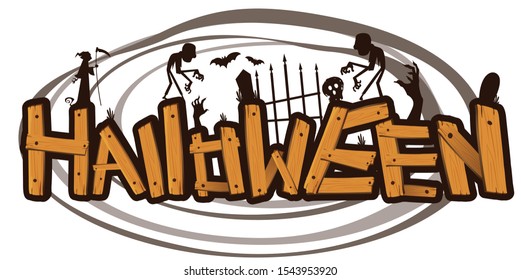 Happy Halloween banner on wooden board, Vector 