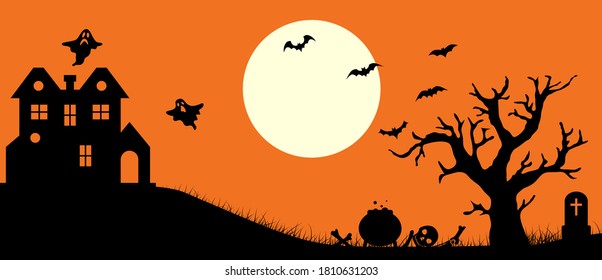 Happy Halloween banner. Halloween orange background with haunted house and tree. Full moon in the sky and bats. Vector illustration.