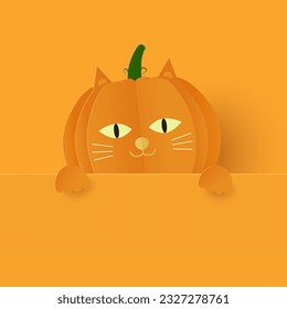 Happy halloween banner. Orange cat vector illustration. Paper cut cat face pumpkin with blank sign for entering message. halloween background