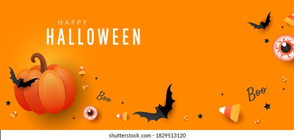 Happy Halloween banner. Orange pumpkin, color candy, big eye, bats on orange background. Horizontal holiday poster, header for website