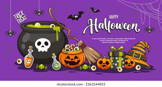 Happy Halloween Banner With Orange Pumpkin, Cauldron, Poison, Candy And Witch Hat. Cute Cartoon Illustration