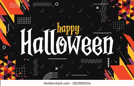 Happy Halloween banner with orange yellow purple theme of abstract geometric shapes and Halloween icons. Retro modern trendy web banner design with dark background & flying bats pattern