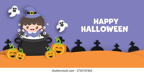 Happy halloween banner in paper cut style with cute witch pumpkin and ghost.