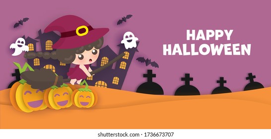 Happy halloween banner in paper cut style with cute witch pumpkin and ghost.