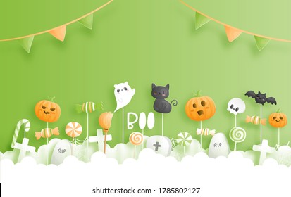 Happy Halloween banner in paper cut style. 