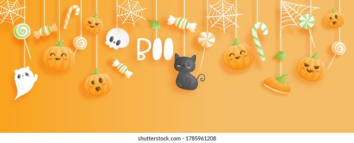 Happy Halloween banner in paper cut style. 