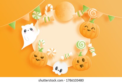 Happy Halloween banner. Paper cut vector illustration.