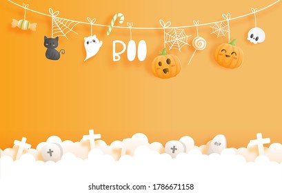 Happy Halloween banner. Paper cut style vector illustration.