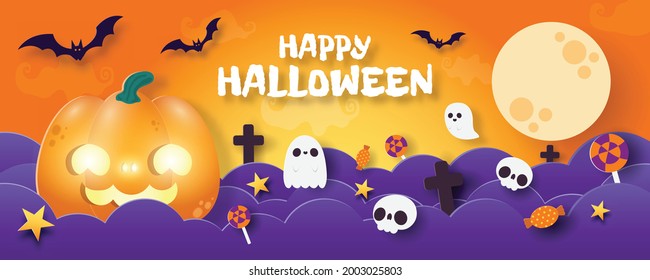 Happy Halloween banner paper cut style background Vector illustration, fun party celebration invitation with night clouds and pumpkins, sale promotion web and Place for text