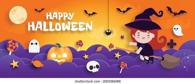 Happy Halloween banner paper cut style Witch flies on broomstick,  trick or treat, fun party celebration invitation full moon with night clouds and pumpkins poster background Vector illustration