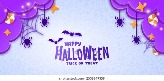 Happy Halloween banner in paper cut style. Colorful poster with cute clouds, spiders, candy, bats and stars. Vector background with doodle pattern. Design template for promo, advertising, social media