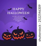 Happy Halloween banner or party background design including pumpkin ghost, flying bat. Spooky halloween theme invitation card design template. Eps10 vector.