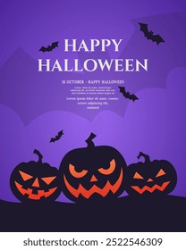 Happy Halloween banner or party background design including pumpkin ghost, flying bat. Spooky halloween theme invitation card design template. Eps10 vector.