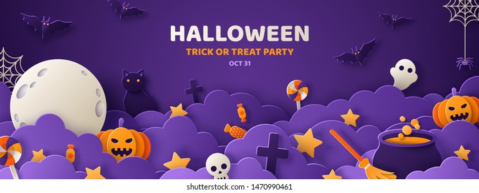 Happy Halloween banner or party invitation background with night clouds and pumpkins in paper cut style. Vector illustration. Full moon in the sky, spiders web and flying bats. Place for text