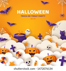 Happy Halloween banner or party invitation background with fog clouds and pumpkins in paper cut style. Vector illustration. Full moon, spider web, witch craft and flying bats. Place for text