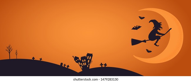Happy Halloween banner, party invitation, background design with crescent moon, flying witch, bats, house silhouettes, text place. Hand drawn vector illustration. Holiday decor concept. Flat style.