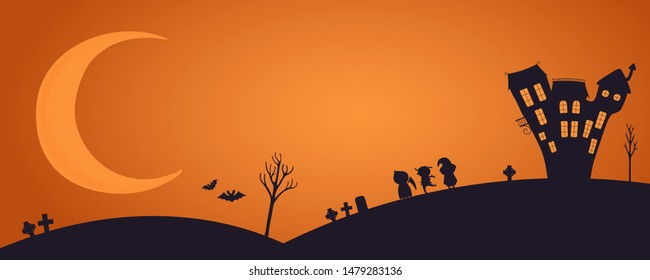 Happy Halloween banner, party invitation, background with moon, haunted house, kids in costume, flying bats silhouettes, text place. Hand drawn vector illustration. Holiday design concept. Flat style.