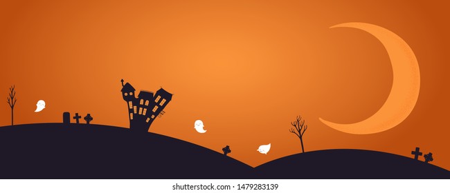 Happy Halloween banner, party invitation, background design with crescent moon, flying ghosts, haunted house silhouettes, text place. Hand drawn vector illustration. Holiday decor concept. Flat style.