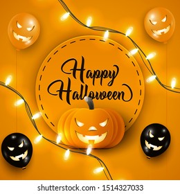 Happy Halloween banner or party invitation background with black and orange air balloons, garland lights and pumpkin on Orange background. Suitable for website, social media or banner template