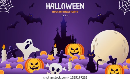 Happy Halloween banner or party invitation background with night clouds and pumpkins in paper cut style. Full moon in the sky, spiders web and flying bats. Place for text. Vector illustration.