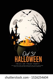 Happy Halloween banner or party invitation background with night clouds and pumpkins Full moon in the sky